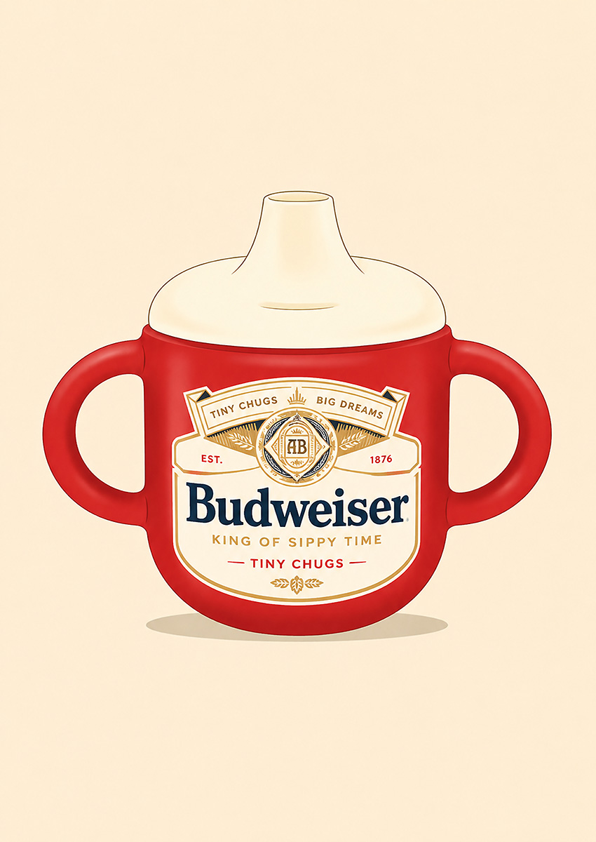 A humorous illustration of a red baby bottle with a Budweiser inspired label design on a cream background